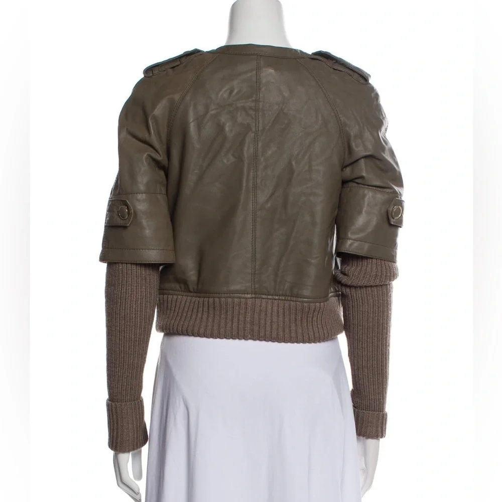 TORY BURCH Green Lambskin & Sweater-Sleeved Biker Jacket Sz XS - Picture 5 of 12